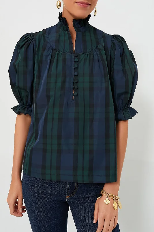 Green Checkered Puff Sleeve Frill Trim BlouseOrganic Cotton Shirts