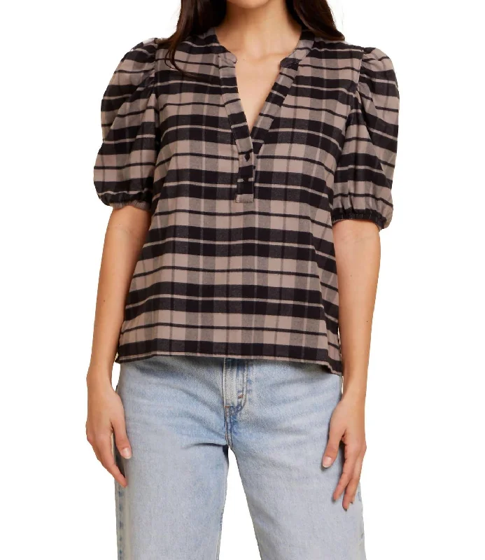 Juno Puff Sleeve Blouse In Granite PlaidCotton Shirts