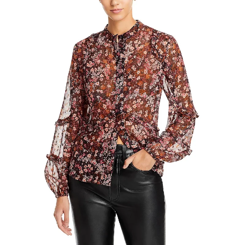 Quilted designKoko + Mason Womens Ruffled Floral Print Button-Down Top