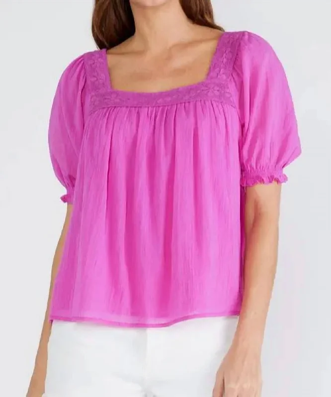 Lace Trim Puff Sleeve Blouse In OrchidVelvet Shirts