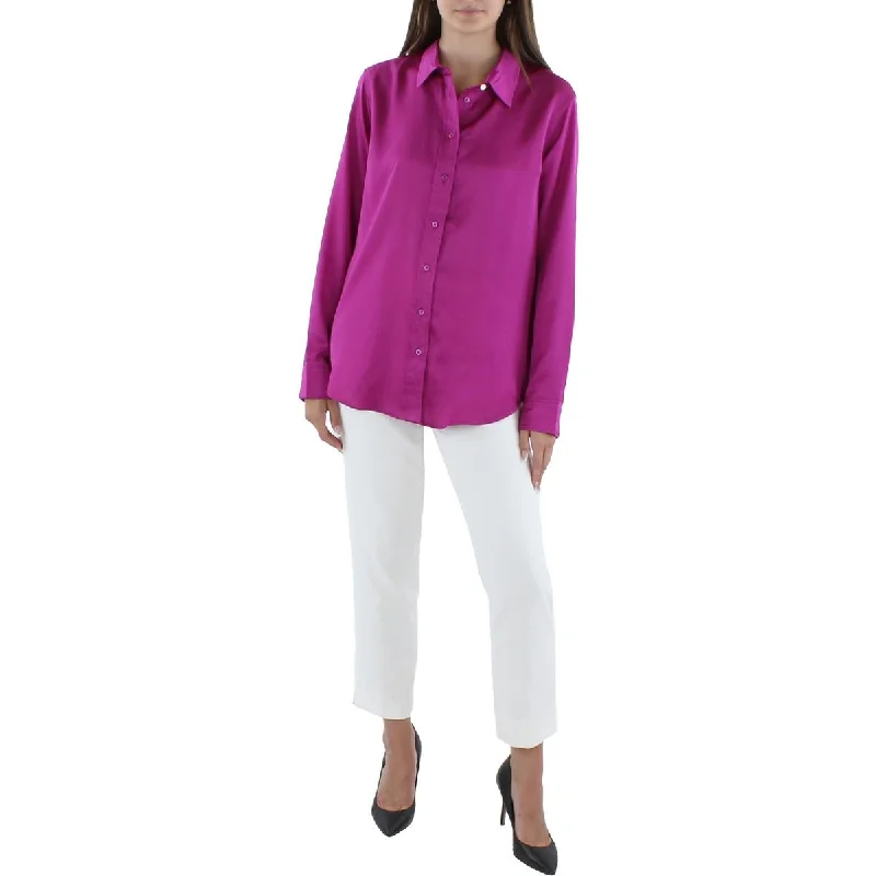 Down jacketLauren Ralph Lauren Womens Satin Collared Button-Down Top