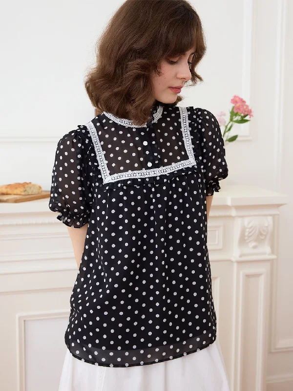 【Black Friday】Natasha Polka Dot Print Mock Neck Puff Sleeve Chiffon BlouseCompression Shirts