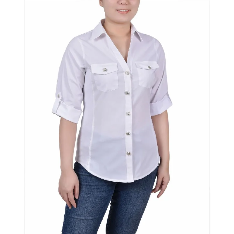 Down mountaineering suitNY Collection Womens Petites Mixed Media Collared Button-Down Top