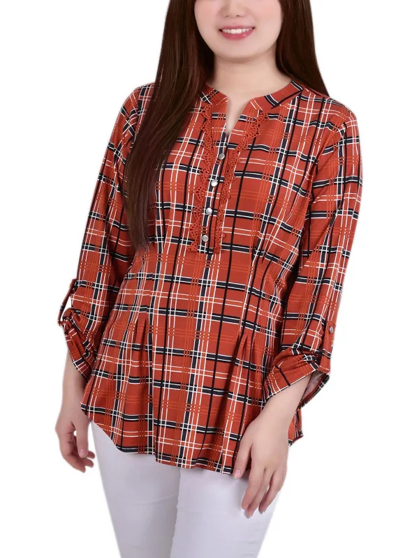 Petites Womens Plaid Polyester BlouseStriped Shirts