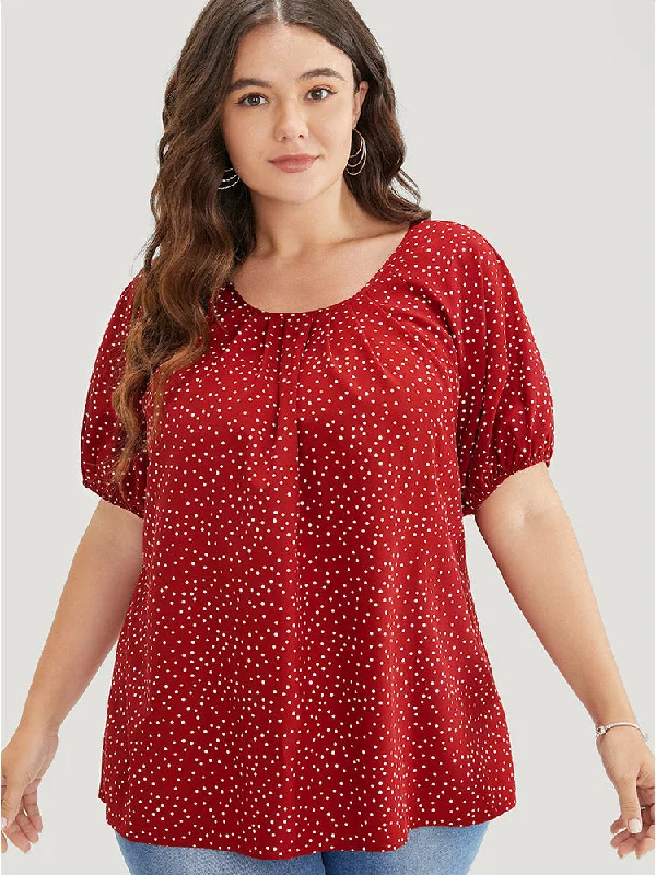 Polka Dot Pleated Round Neck Puff Sleeve BlouseHigh-Fashion Shirts