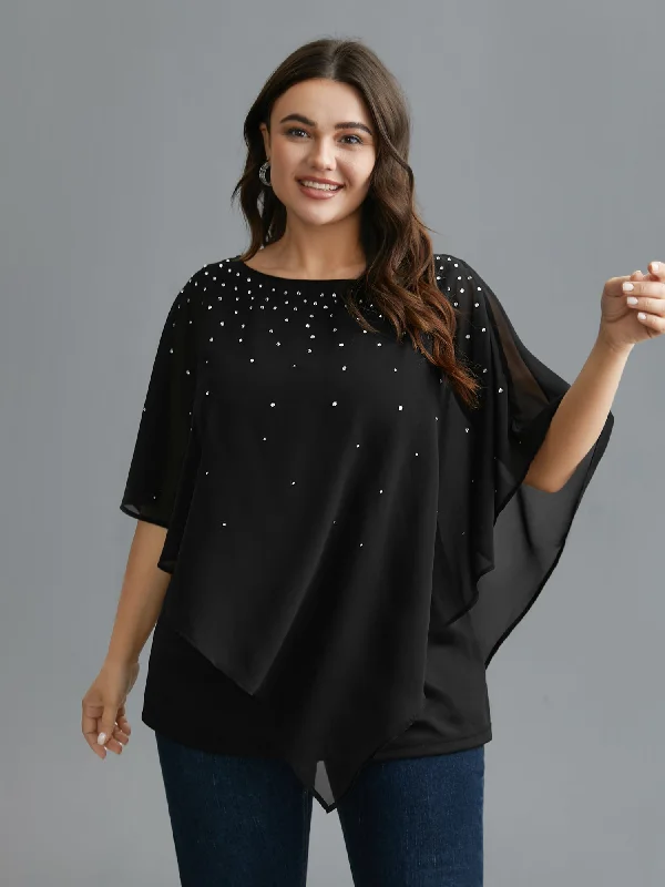 Rhinestone Asymmetrical Hem Ruffle Sleeve BlouseTravel Shirts