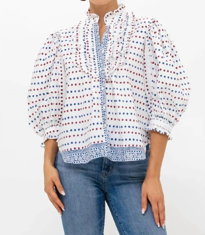 Ruffle Front Button Blouse In Ellis BlueGraphic Shirts