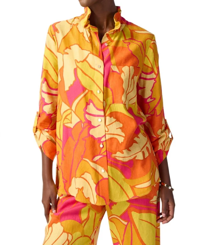 Tropical Print Blouse In Pink MultiMesh Shirts