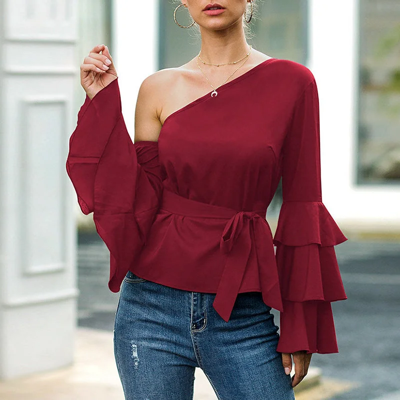 Women Fashion Sexy Casual Bow Flounce Ruffles Chiffon BlousePrinted Shirts