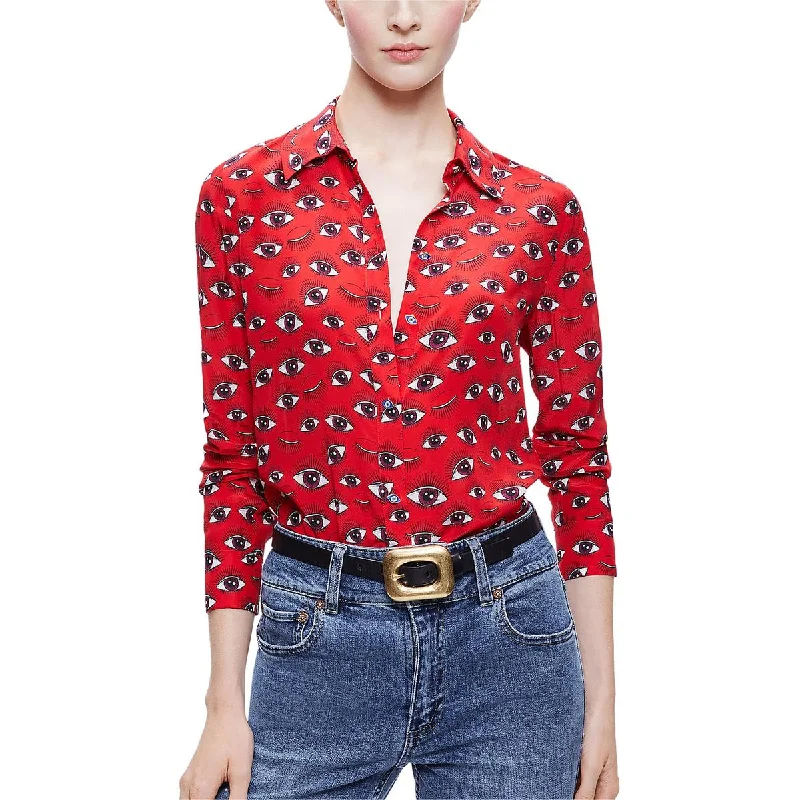 Removable hoodAlice and Olivia Womens Collared Printed Button-Down Top