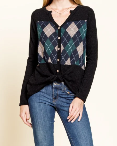 Down jacket with skirtArgyle Plaid Front Button-Down Knit Top