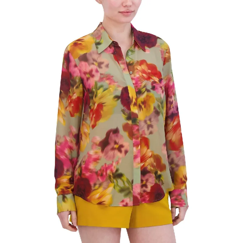 Down contentBCBGMAXAZRIA Womens Chiffon Floral Button-Down Top