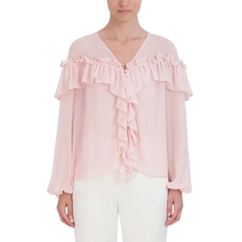 Down windbreakerBCBGMAXAZRIA Womens Ruffled Sheer Button-Down Top