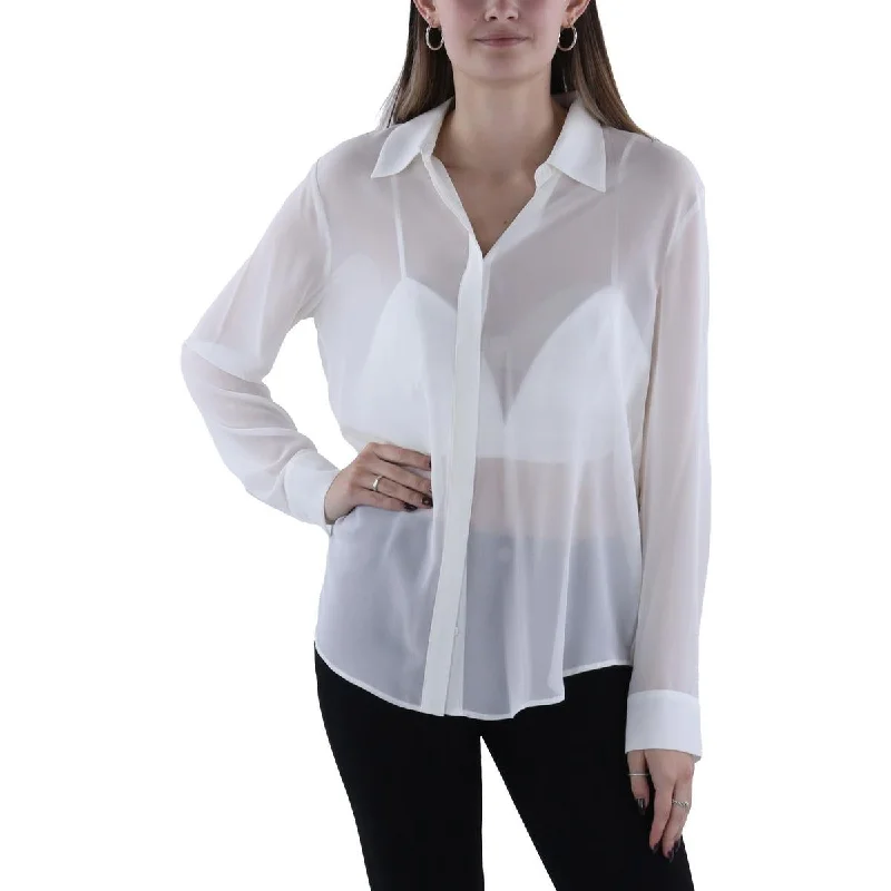 Windproof fabricBCBGMAXAZRIA Womens Sheer Chiffon Button-Down Top