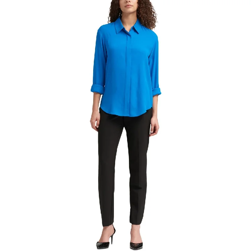 Wind resistanceDKNY Womens Collared Rolled Sleeves Button-Down Top