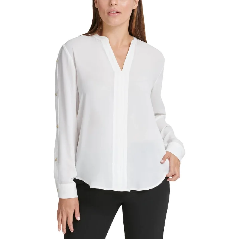 Removable hoodDKNY Womens Sheer Office Button-Down Top