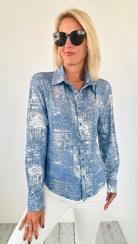 Anti-static treatmentMoonlit Glow Button Down Top - Blue