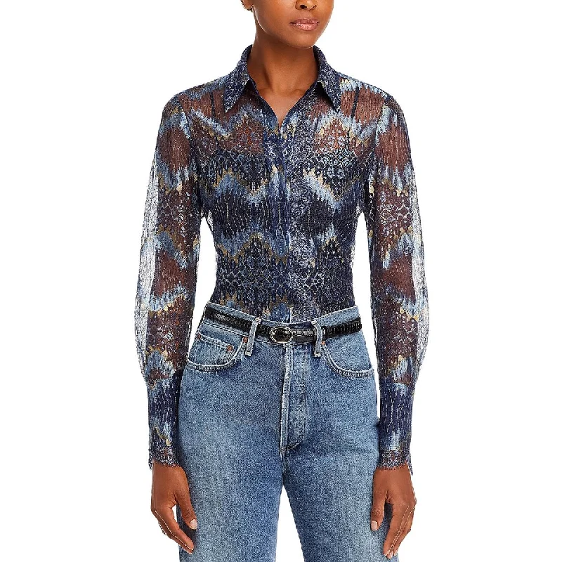 Down jacketRamy Brook Womens Metallic Lace Trim Button-Down Top