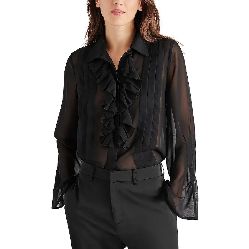 Multi-pocket designSteve Madden Womens Sheer Pleated Button-Down Top