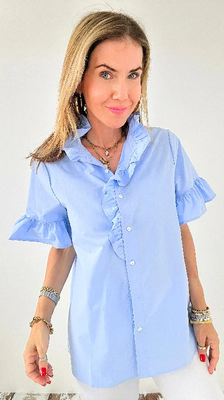 Down jacketSunshine Ruffle Button Down Top - Dusty Blue