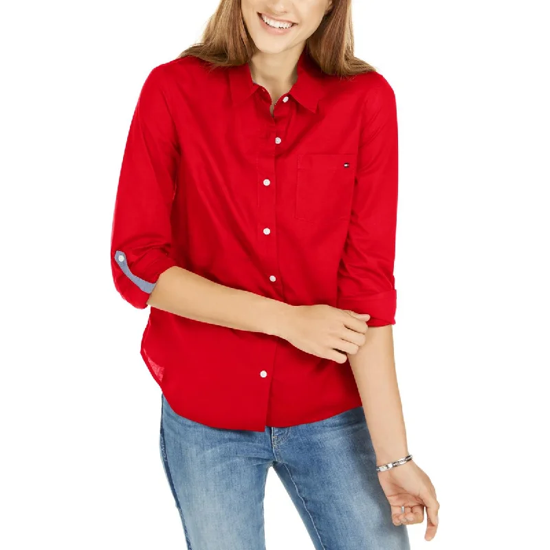 Waterproof fabricTommy Hilfiger Womens Collar Rolled Sleeve Button-Down Top