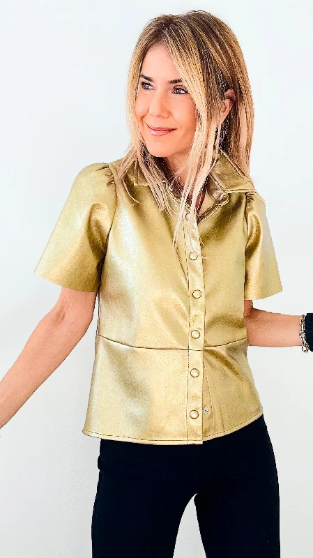 Down sportswearVegan Leather Metallic Button Down Top - Champagne