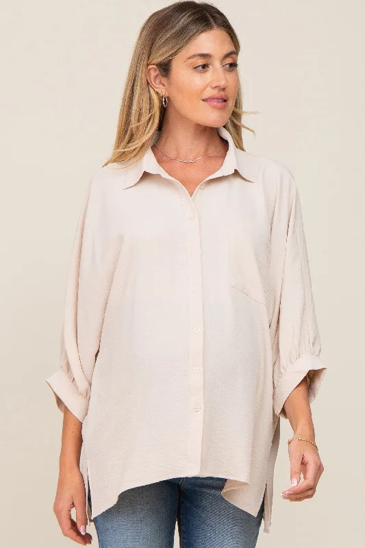 Quilted designBeige Button Down 3/4 Sleeve Maternity Top