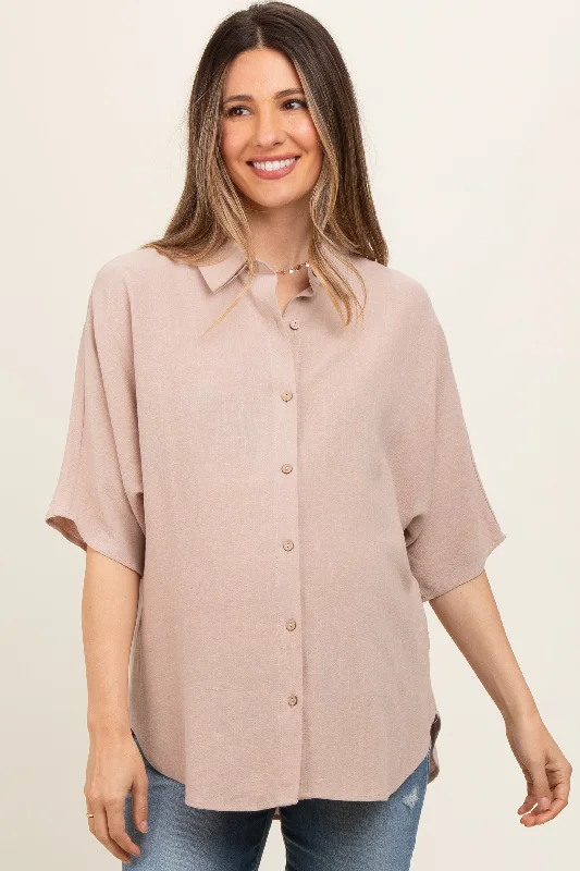 High-density fabricBeige Linen Dolman Half Sleeve Button Down Maternity Top