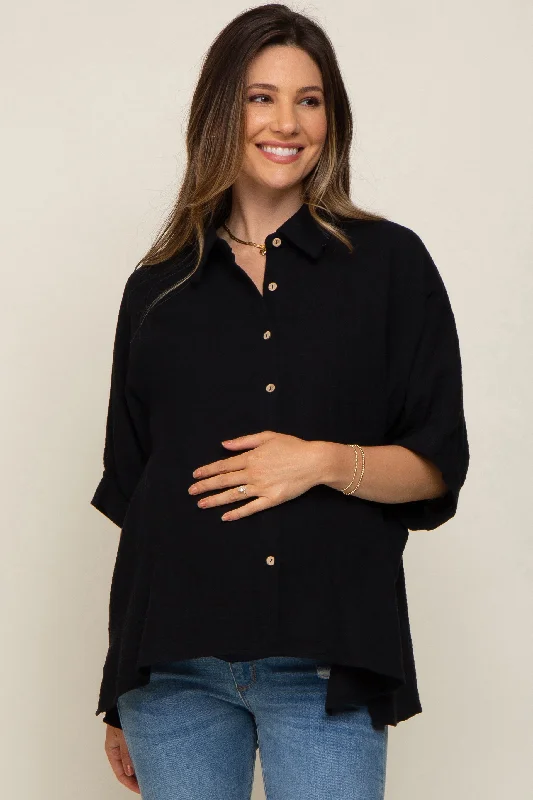 Seamless laminationBlack Button Down Collared Maternity Top