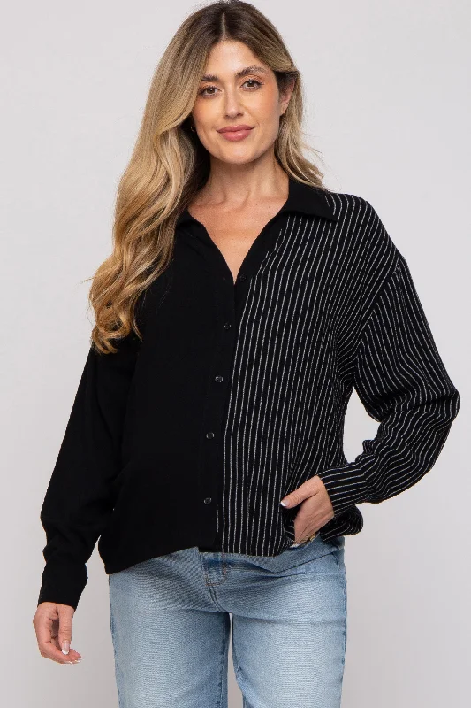 Anti-static treatmentBlack Half Stripe Button Down Maternity Top