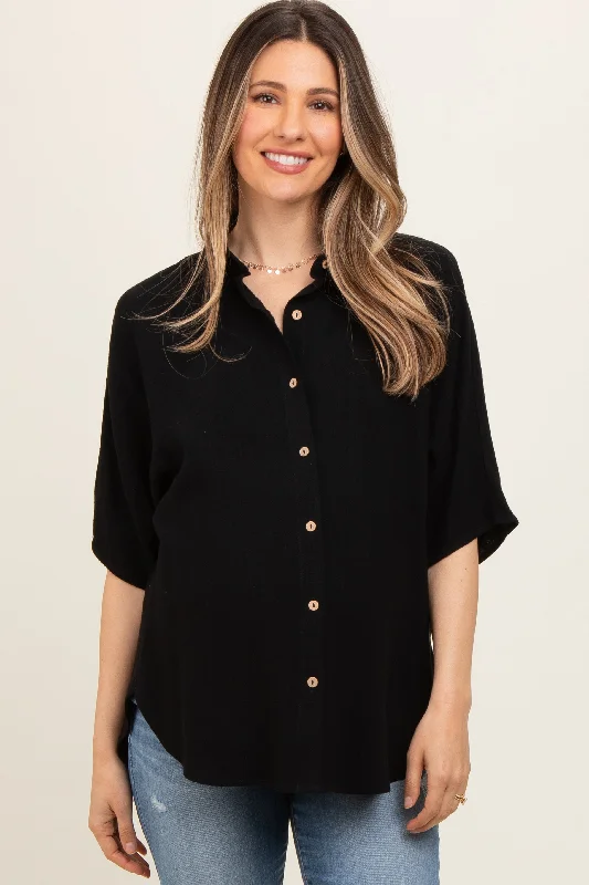 Tear-resistant fabricBlack Linen Dolman Half Sleeve Button Down Maternity Top