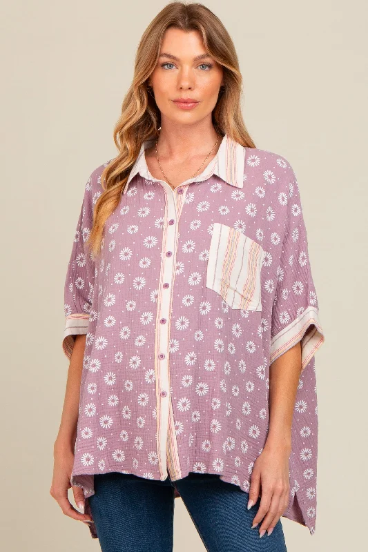 Goose downLavender Floral Contrast Print Maternity Button Down Top