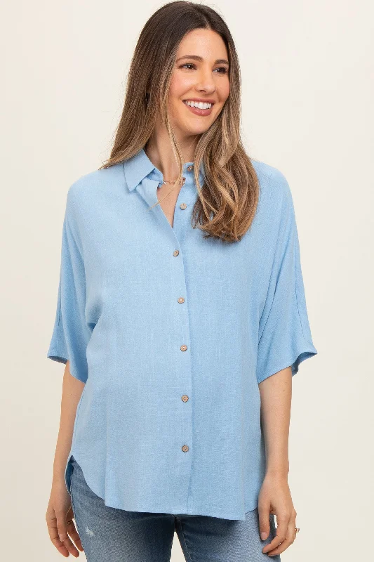 Windproof fabricLight Blue Linen Dolman Half Sleeve Button Down Maternity Top