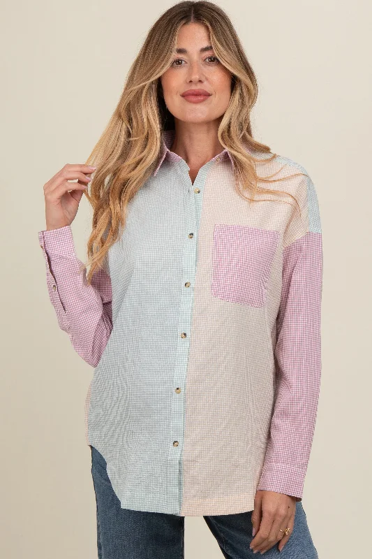 Down volumeMagenta Colorblock Gingham Maternity Button Down Top