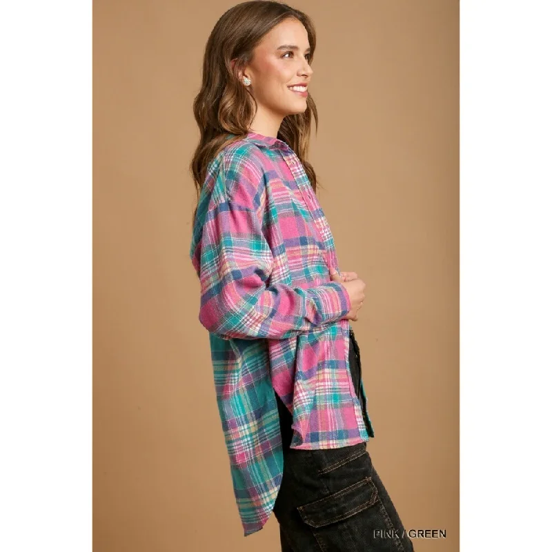 Down jacket with hatMixed Plaid Boxy Cut Button Down Flannel With Front Pocket