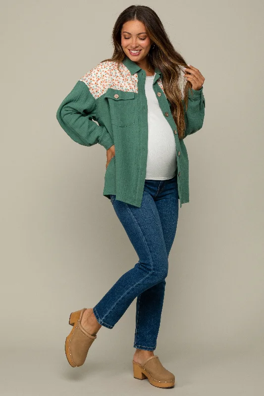 Duck downOlive Colorblock Floral Maternity Button Down