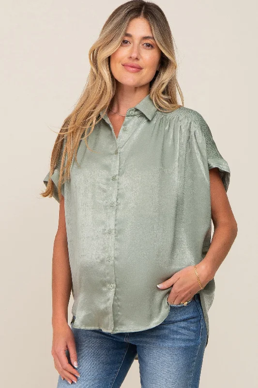 Hot pressing technologyOlive Satin Button Down Smocked Accent Maternity Top