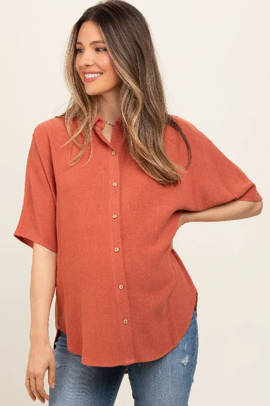 Breathable fabricRust Linen Dolman Half Sleeve Button Down Maternity Top