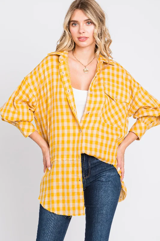 White goose downYellow Mixed Plaid Fringe Button Down Top