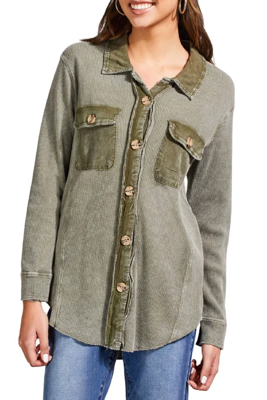 Vintage down jacketWaffle Button Down Shacket In Olive