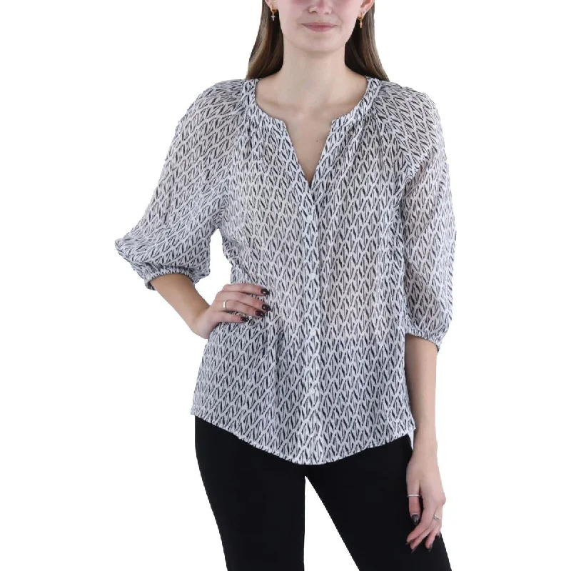 Down camping suitWomens Printed Puff Sleeve Button-Down Top