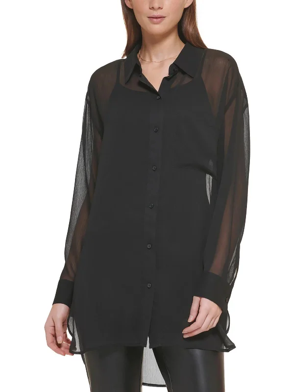 Compressible designWomens Sheer Chiffon Button-Down Top