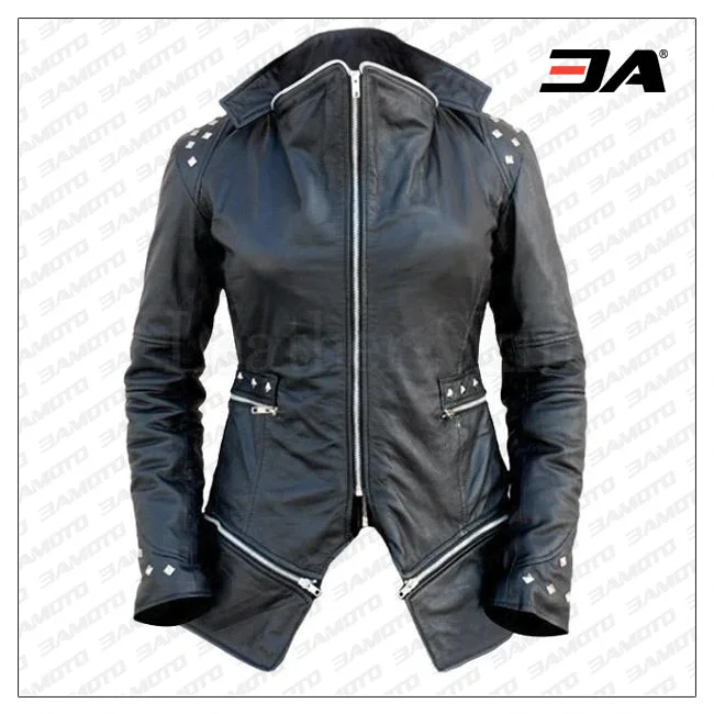 Women Black Leather Jacket With Spiked On ShoulderCultural Jackets