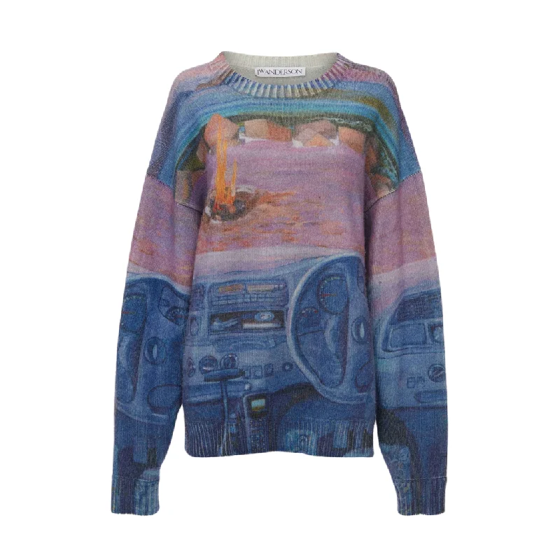 Boat Neck Knit TopsCar Print Jumper