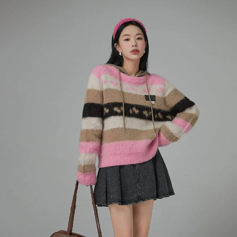 Cotton Knit TopsFaux Angora Striped Sweater