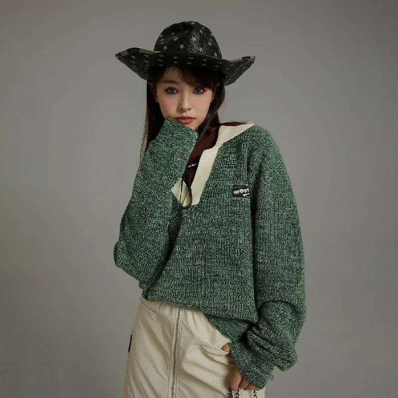 Embroidered Knit TopsNoe Loose-Fit Open Collar Sweater