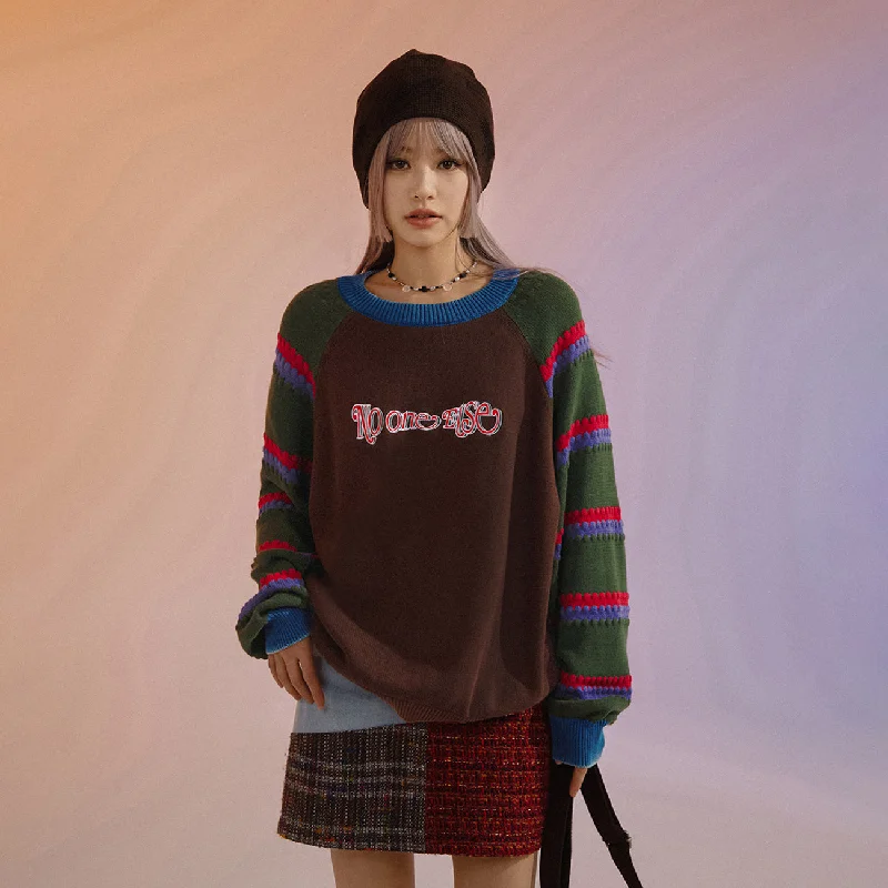 Crewneck Knit TopsEmbroidered Raglan Knit Sweater