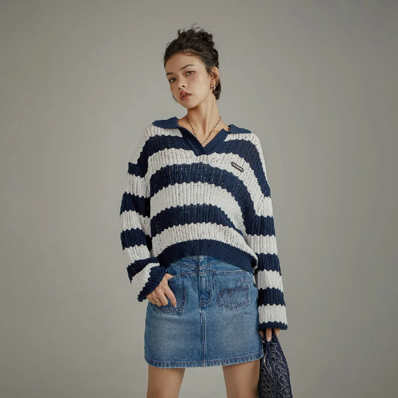 Pocketed Knit TopsColor Combination Stripe Open Collar Knit Sweater