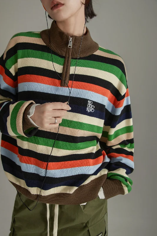 Band Merch Knit TopsRainbow Striped Loose Knit Half Zip Sweater