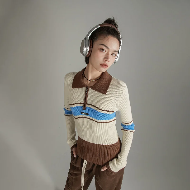 Statement Knit TopsHalf Zip-Up Color Collar Knit Sweater